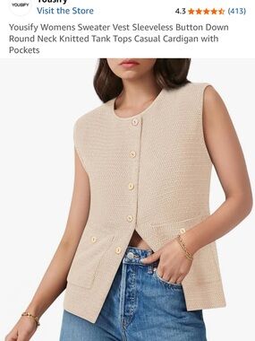 Cream Sleeveless Button-Front Knit Sweater Vest